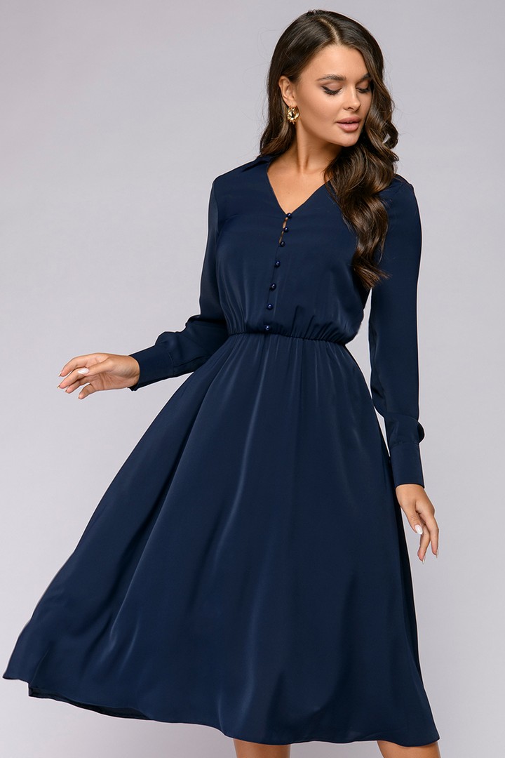 Фото товара 21114, темно-синее платье с длинными рукавами