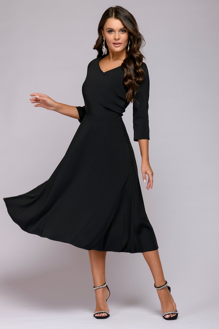 Фото товара 21122, черное платье миди с расклешенной юбкой