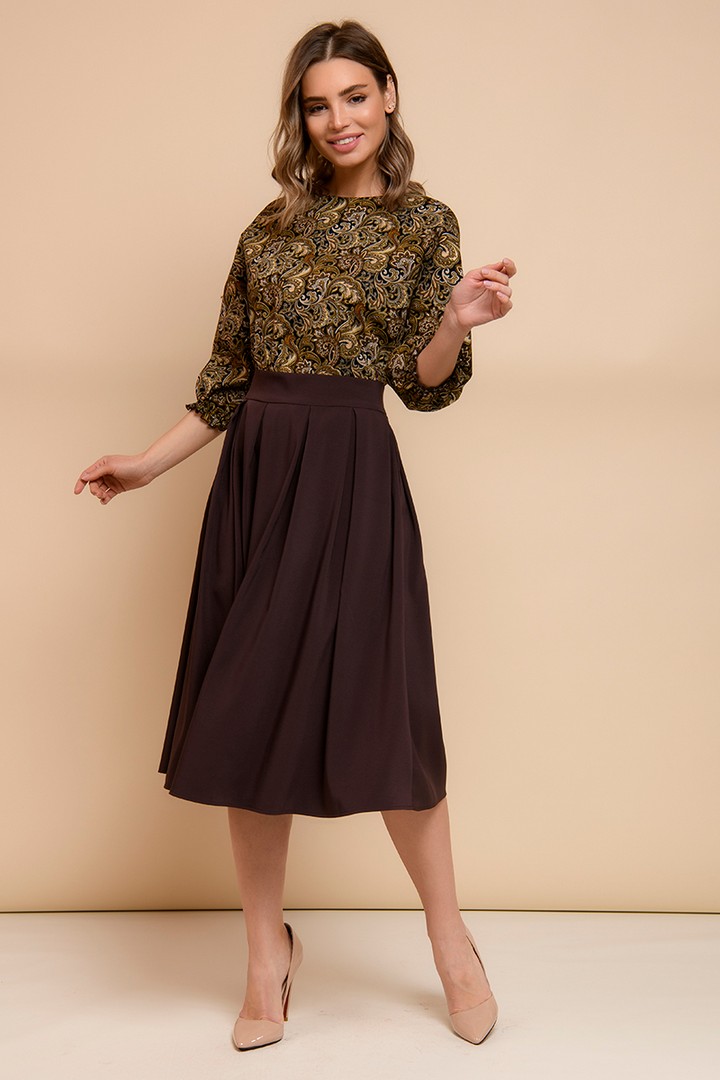 Фото товара 21155, темно-коричневое платье с принтованным верхом