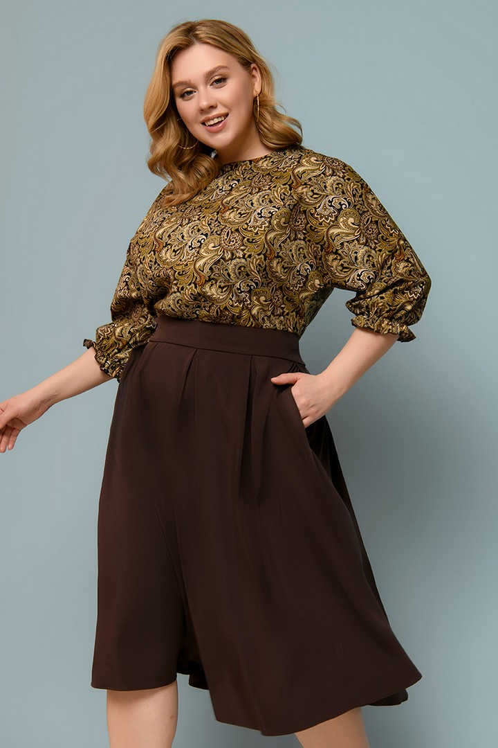 Фото товара 21159, темно-коричневое платье с принтованным верхом