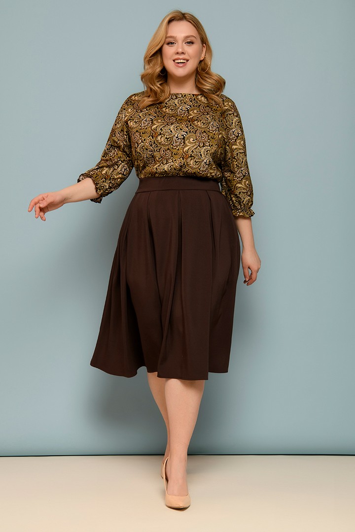 Фото товара 21161, темно-коричневое платье с принтованным верхом